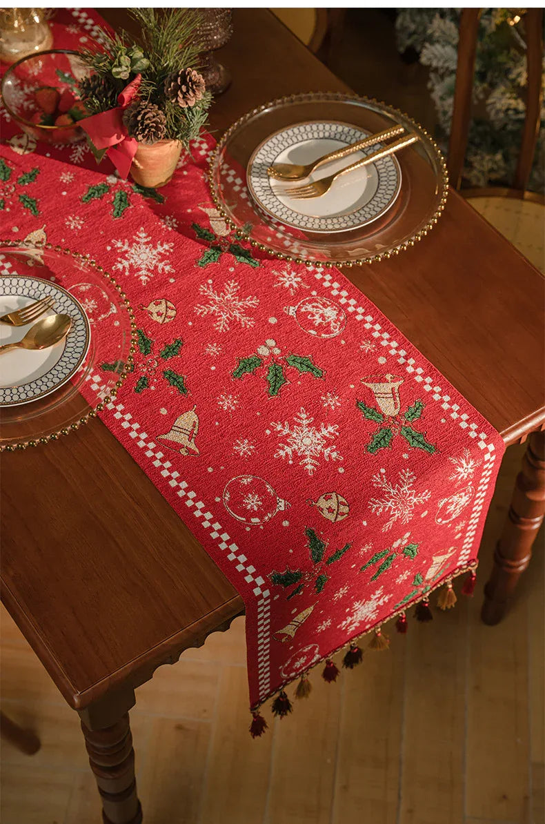 Red Christmas Table Runner with Tassels - Festive Snowflake & Bell Print (35*220cm) - Mekamart Australia