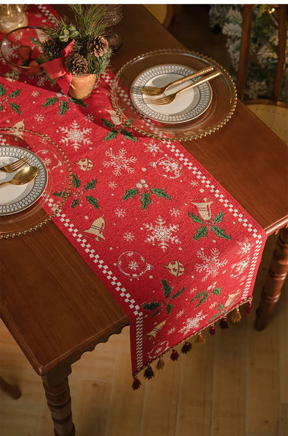 Red Christmas Table Runner with Tassels - Festive Snowflake & Bell Print (35*220cm) - Mekamart Australia