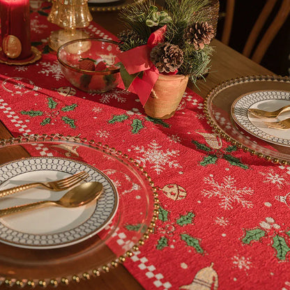 Red Christmas Table Runner with Tassels - Festive Snowflake & Bell Print (35*180cm) - Mekamart Australia