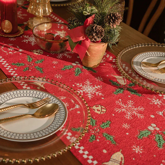 Red Christmas Table Runner with Tassels - Festive Snowflake & Bell Print (35*180cm) - Mekamart Australia
