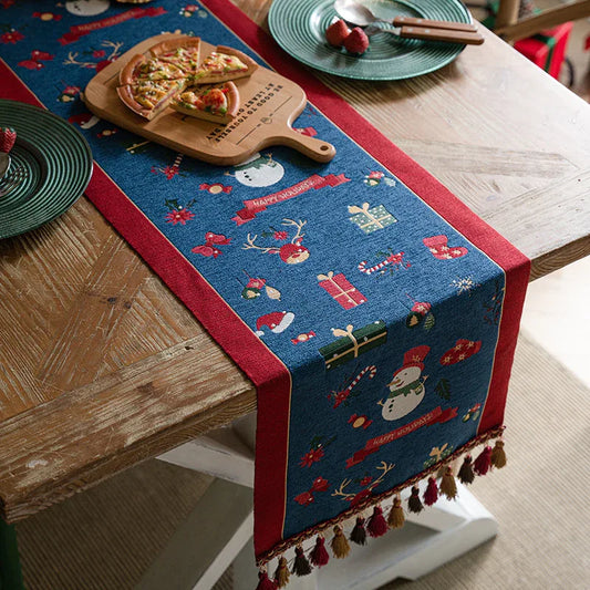 Blue Christmas Festive Table Runner - Blue with Snowman, Reindeer and Happy Holidays (35*220cm) - Mekamart Australia