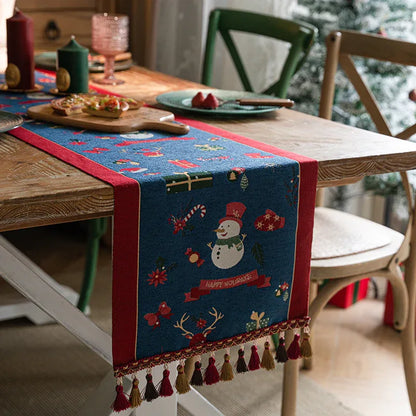 Blue Christmas Festive Table Runner - Blue with Snowman, Reindeer and Happy Holidays (35*220cm) - Mekamart Australia