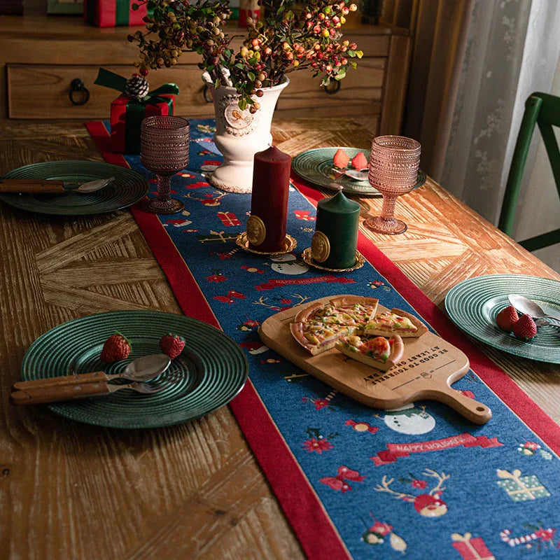Blue Christmas Festive Table Runner - Blue with Snowman, Reindeer and Happy Holidays (35*240cm) - Mekamart Australia