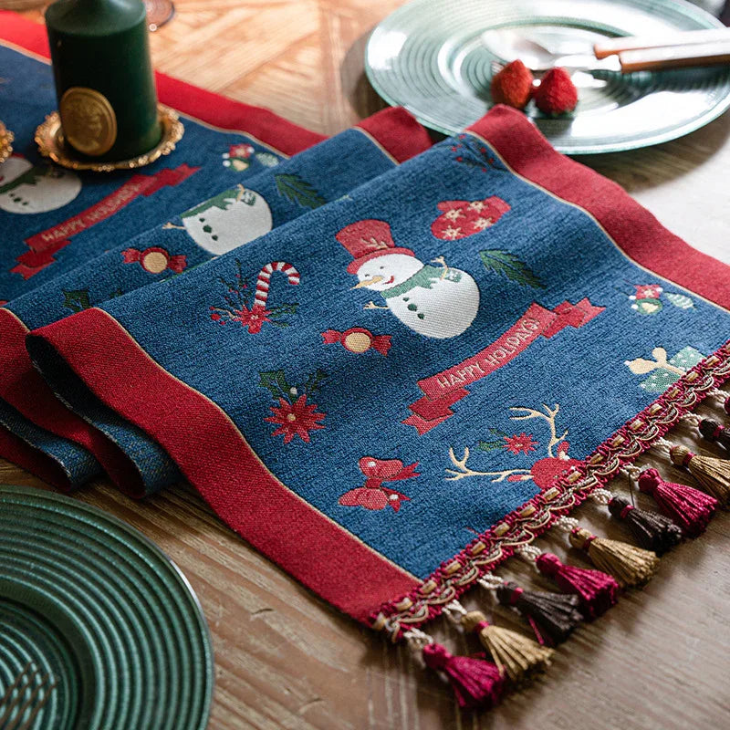 Blue Christmas Festive Table Runner - Blue with Snowman, Reindeer and Happy Holidays (35*240cm) - Mekamart Australia