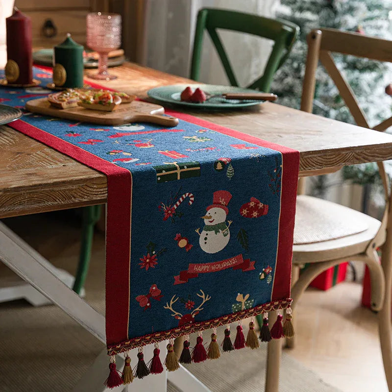 Blue Christmas Festive Table Runner - Blue with Snowman, Reindeer and Happy Holidays (35*240cm) - Mekamart Australia