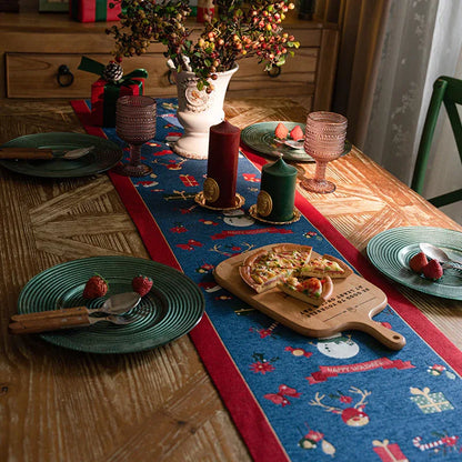 Blue Christmas Festive Table Runner - Blue with Snowman, Reindeer and Happy Holidays (35*180cm) - Mekamart Australia