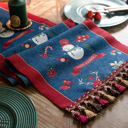 Blue Christmas Festive Table Runner - Blue with Snowman, Reindeer and Happy Holidays (35*180cm) - Mekamart Australia