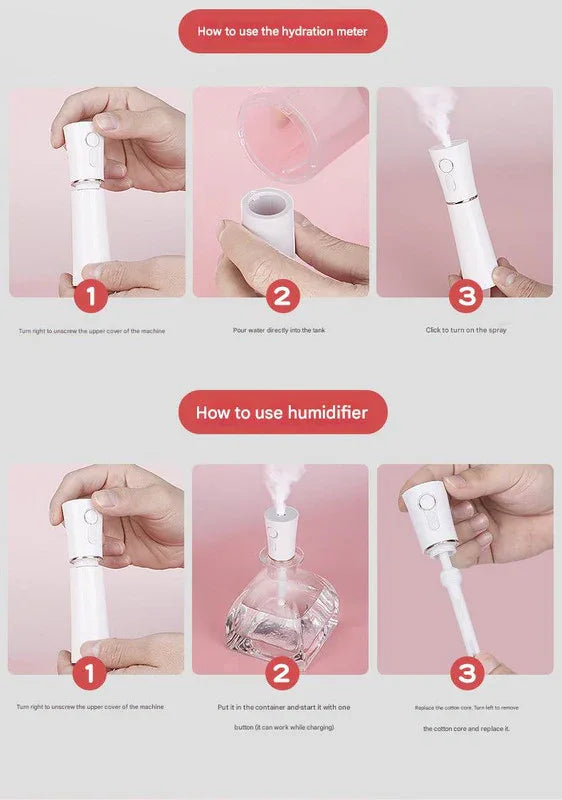 Red 2 in 1 Cool Mist Humidifier and Facial Moisturizer - USB Rechargeable Portable Nano Sprayer - Mekamart Australia