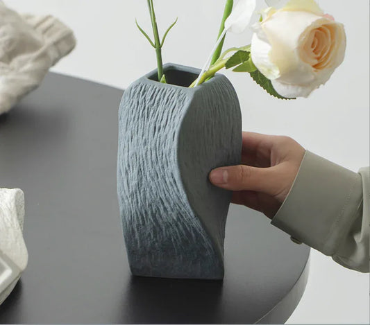 Grey Abstract Twisted Ceramic Vase - Artistic Minimalist Flower Holder for Home Decor (20x10x10cm) - Mekamart Australia