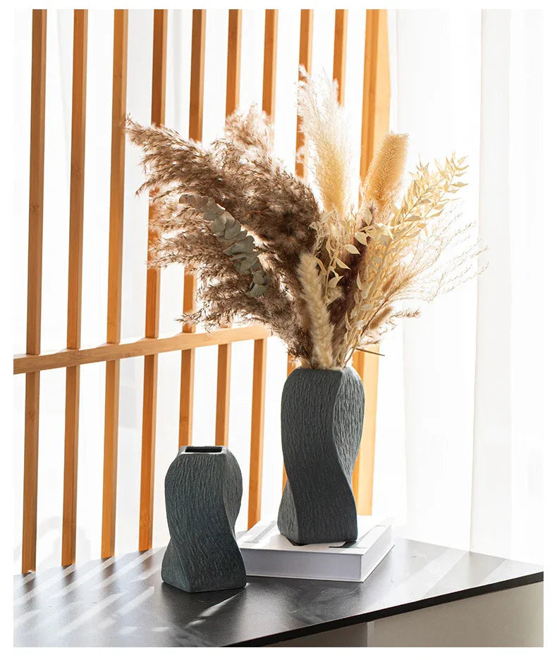 Grey Abstract Twisted Ceramic Vase - Artistic Minimalist Flower Holder for Home Decor (20x10x10cm) - Mekamart Australia