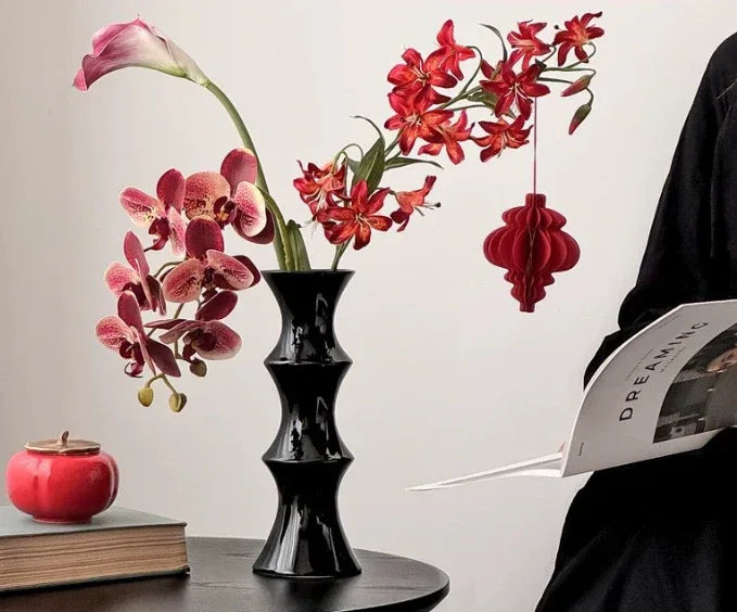 Glossy Black Ceramic Vase - Unique Bamboo-Look Design (25.5x9x7cm) - Mekamart Australia