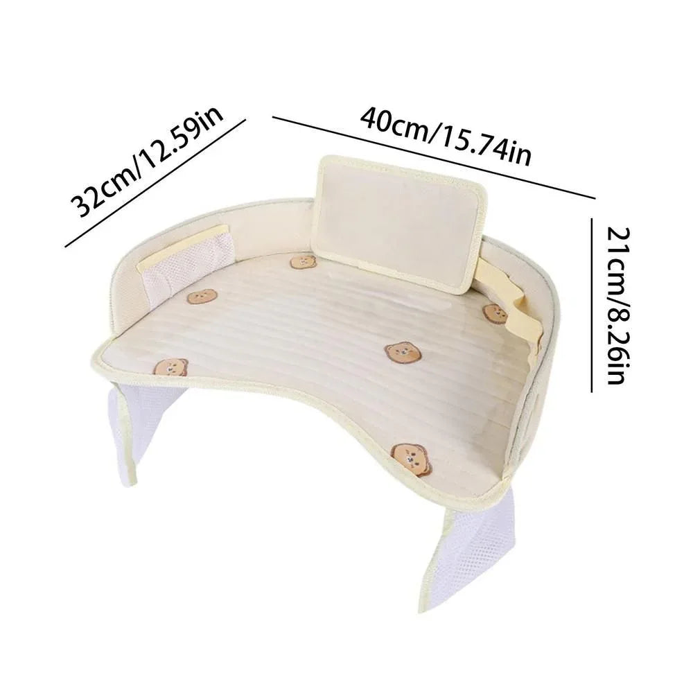 Kids Car Seat Travel Tray - Waterproof Lap Desk with Storage Pockets (Beige Bear - Round) - Mekamart Australia