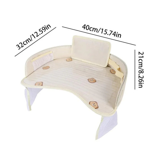 Kids Car Seat Travel Tray - Waterproof Lap Desk with Storage Pockets (Beige Bear - Round) - Mekamart Australia