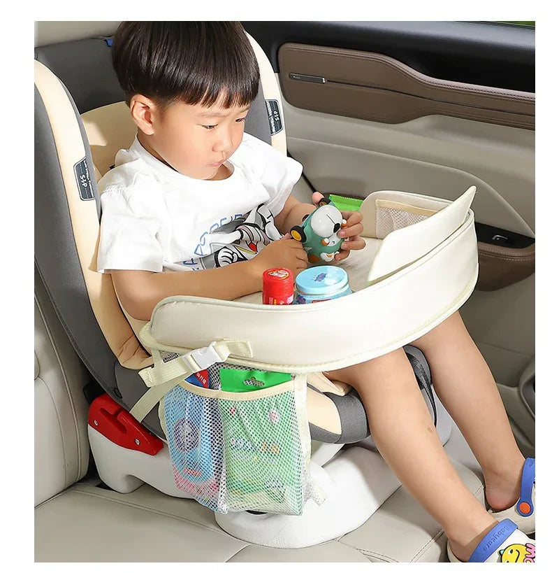 Kids Car Seat Travel Tray - Waterproof Lap Desk with Storage Pockets (Beige bunny - Round) - Mekamart Australia