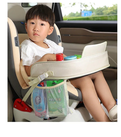 Kids Car Seat Travel Tray - Waterproof Lap Desk with Storage Pockets (Beige bunny - Round) - Mekamart Australia