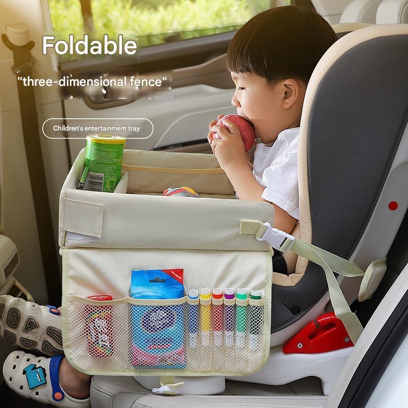 Kids Car Seat Travel Tray - Waterproof Lap Desk with Storage Pockets (Beige Bear - Square) - Mekamart Australia