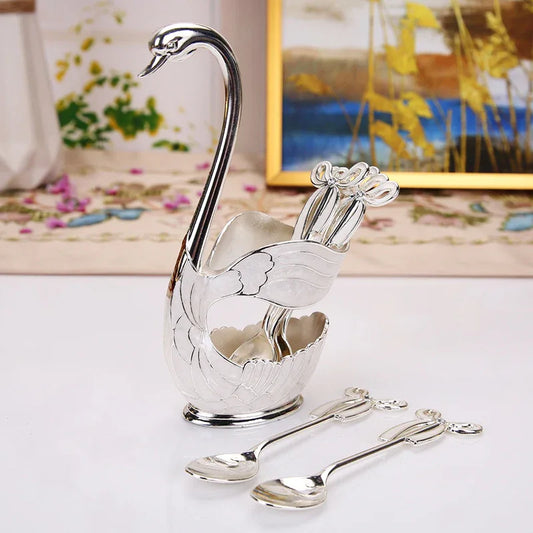 Elegant Swan Base Spoon Holder Set with 6 Coffee/Dessert Spoons(Silver spoon) - Mekamart Australia