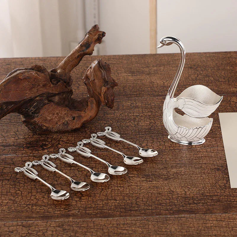Elegant Swan Base Spoon Holder Set with 6 Coffee/Dessert Spoons(Silver spoon) - Mekamart Australia
