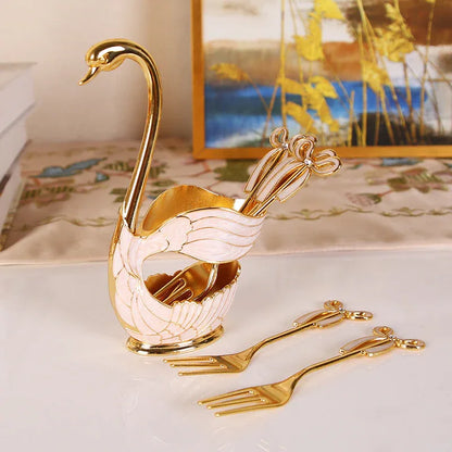 Elegant Swan Base Spoon Holder Set with 6 Coffee/Dessert Spoons(Gold Fork) - Mekamart Australia