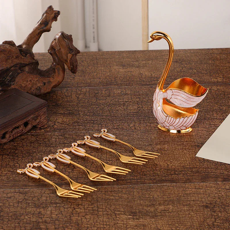Elegant Swan Base Spoon Holder Set with 6 Coffee/Dessert Spoons(Gold Fork) - Mekamart Australia