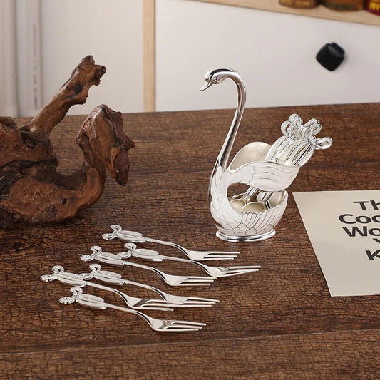 Elegant Swan Base Spoon Holder Set with 6 Coffee/Dessert Spoons(Silver fork) - Mekamart Australia