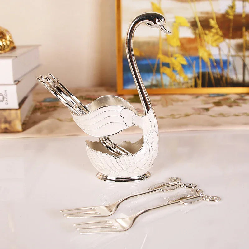 Elegant Swan Base Spoon Holder Set with 6 Coffee/Dessert Spoons(Silver fork) - Mekamart Australia