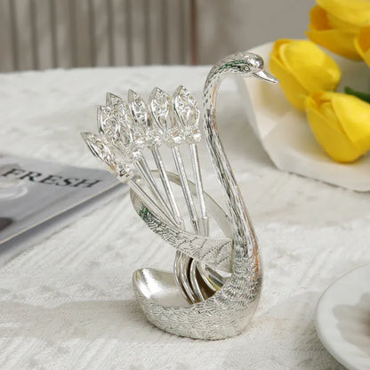Silver Elegant Swan Cutlery Holder Set with 6 Dessert Spoons - Mekamart Australia