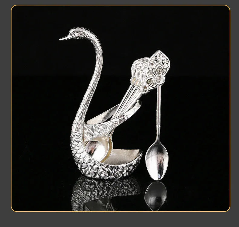 Silver Elegant Swan Cutlery Holder Set with 6 Dessert Spoons - Mekamart Australia