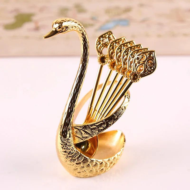 Gold Elegant Swan Cutlery Holder Set with 6 Dessert Spoons - Mekamart Australia