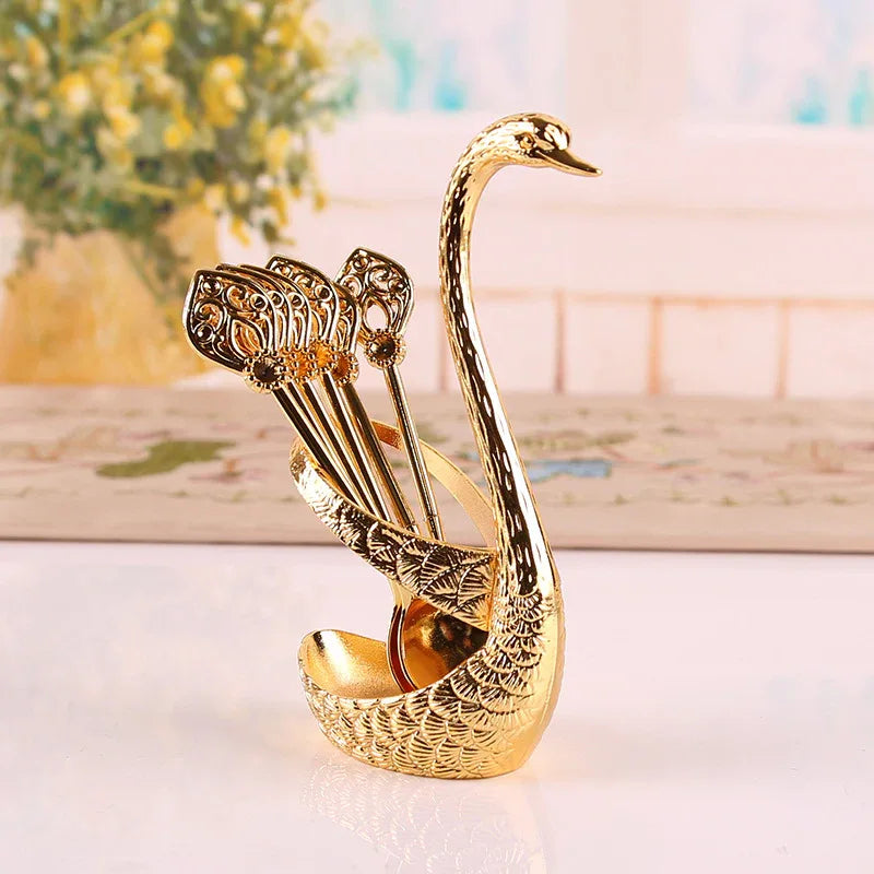Gold Elegant Swan Cutlery Holder Set with 6 Dessert Spoons - Mekamart Australia