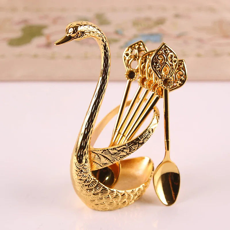 Gold Elegant Swan Cutlery Holder Set with 6 Dessert Spoons - Mekamart Australia