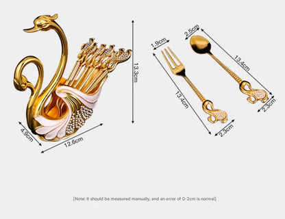Gold Elegant Double Swan Cutlery Holder Set with 6pcs Spoons - Mekamart Australia