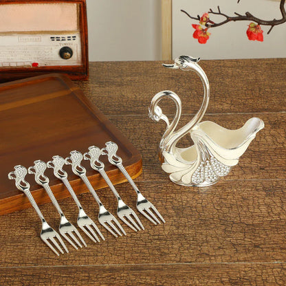 Silver Elegant Double Swan Cutlery Holder Set with 6pcs Fork - Mekamart Australia