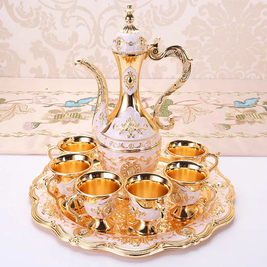 Elegant Gold Metal Serving Set - Decanter, 6 Cups, Tray (White Gold) - Mekamart Australia