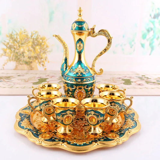 Elegant Gold Metal Serving Set - Decanter, 6 Cups, Tray (Gold blue) - Mekamart Australia