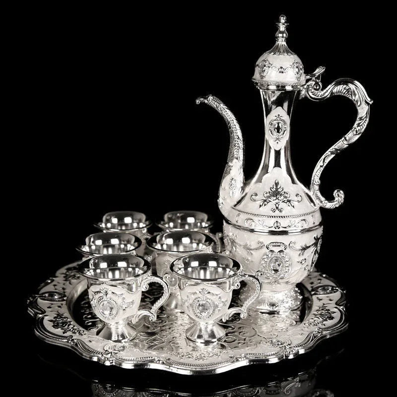 Elegant Gold Metal Serving Set - Decanter, 6 Cups, Tray (Silver) - Mekamart Australia