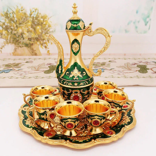 Elegant Gold Metal Serving Set - Decanter, 6 Cups, Tray (Gold Green) - Mekamart Australia