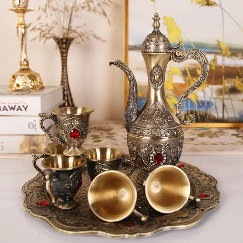 Elegant Gold Metal Serving Set - Decanter, 6 Cups, Tray (Copper) - Mekamart Australia
