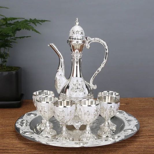 Vintage Palace Style Liquor Serving Set - Metal Pot, 6 Cups & Tray (Silver) - Mekamart Australia