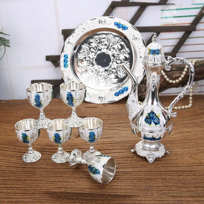 Vintage Palace Style Liquor Serving Set - Metal Pot, 6 Cups & Tray (Silvery blue rose) - Mekamart Australia