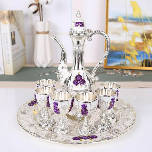 Vintage Palace Style Liquor Serving Set - Metal Pot, 6 Cups & Tray (Silver Purple Rose) - Mekamart Australia