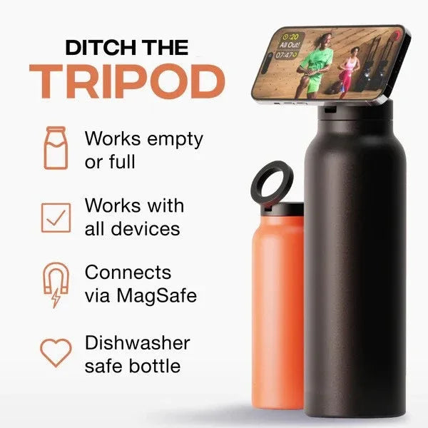 Stainless Steel Insulated Water Bottle with Integrated Magnetic Phone Stand - Orange (24oz) - Mekamart Australia