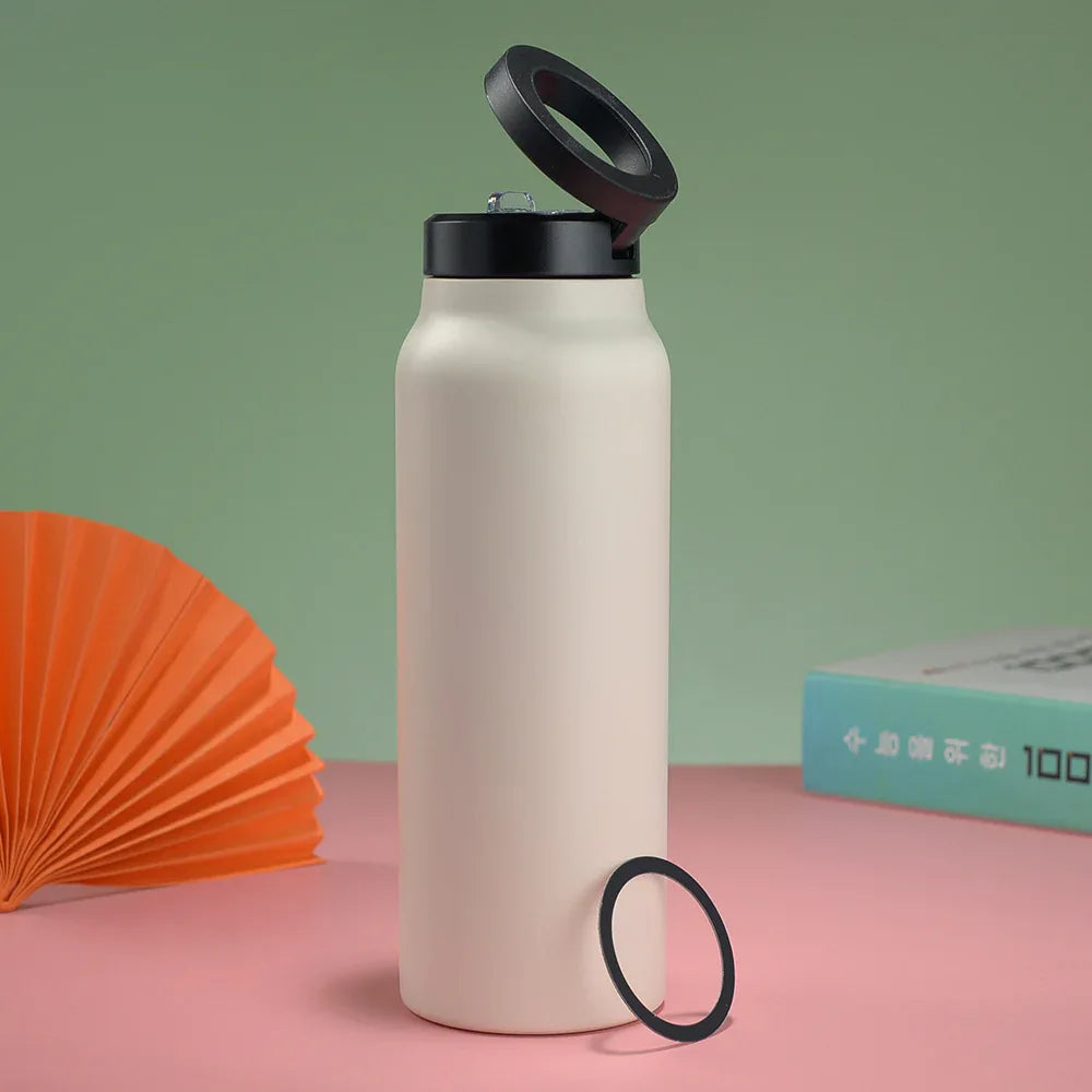 Stainless Steel Insulated Water Bottle with Integrated Magnetic Phone Stand - Beige (32oz) - Mekamart Australia