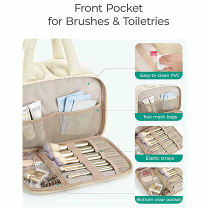 White Puffy Travel Wash Bag with Wide-Mouth Access and Wet-Dry Pockets - Mekamart Australia