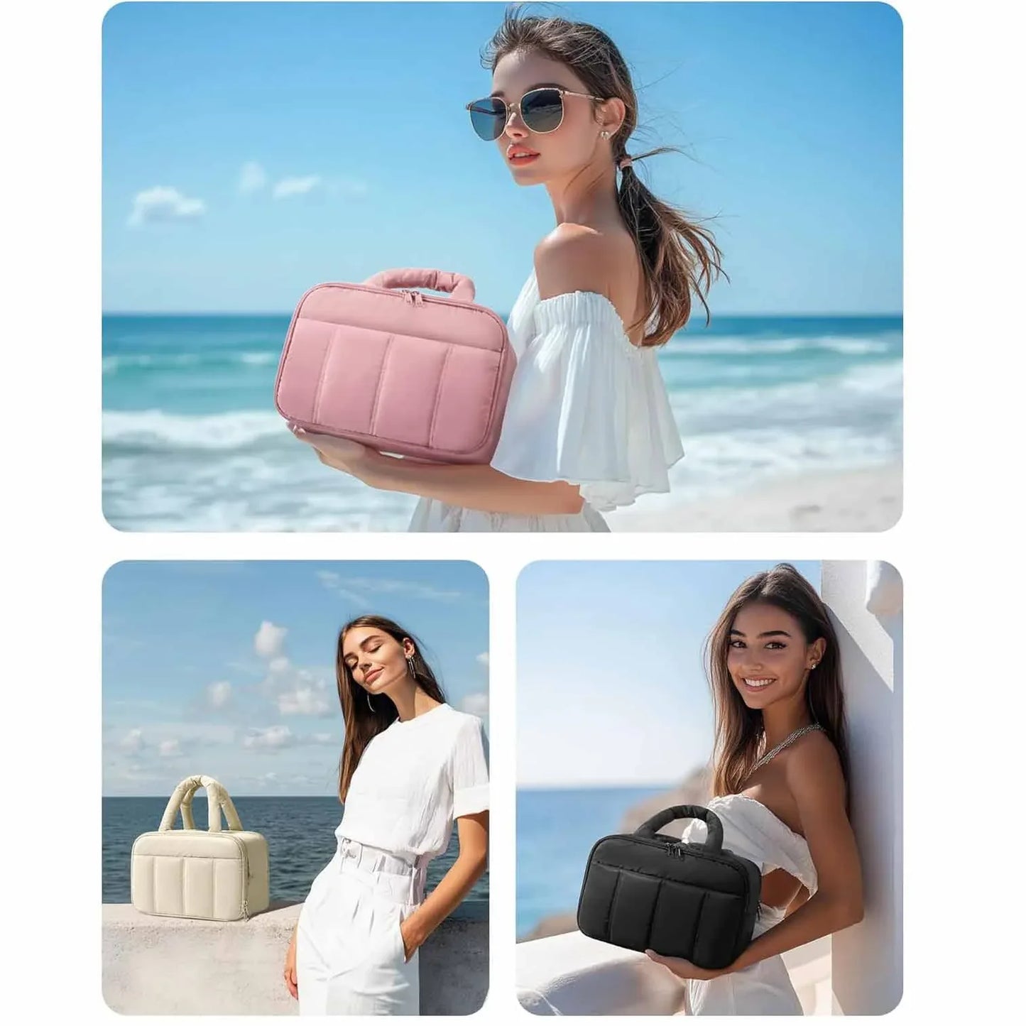 White Puffy Travel Wash Bag with Wide-Mouth Access and Wet-Dry Pockets - Mekamart Australia