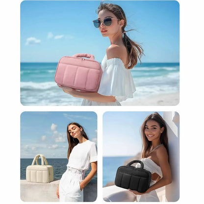 White Puffy Travel Wash Bag with Wide-Mouth Access and Wet-Dry Pockets - Mekamart Australia