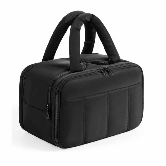 Black Puffy Travel Wash Bag with Wide-Mouth Access and Wet-Dry Pockets - Mekamart Australia