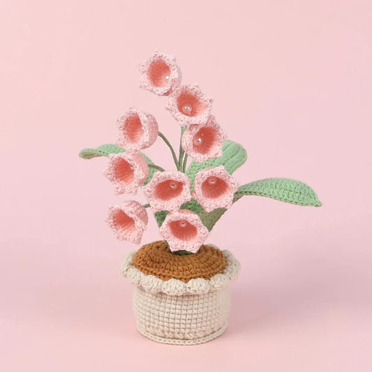 Handmade Crochet Lily of the Valley Potted Plant - Everlasting Crochet Flower Arrangement (9 heads pink) - Mekamart Australia