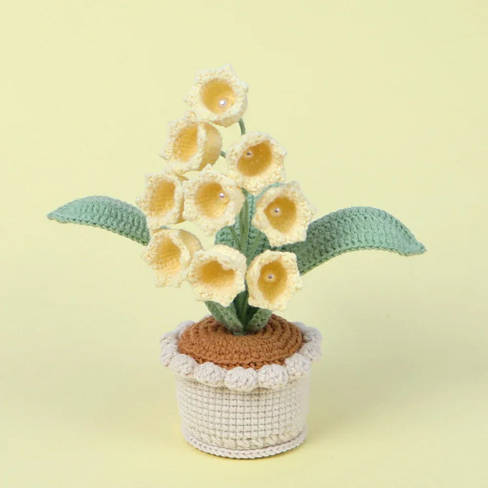 Handmade Crochet Lily of the Valley Potted Plant - Everlasting Crochet Flower Arrangement (9 heads Yellow) - Mekamart Australia