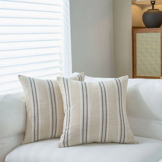 Textured Vertical Striped Pillowcases - Scandinavian Home Decor Accents (Blue Stripes Pair - 45x45cm) - Mekamart Australia